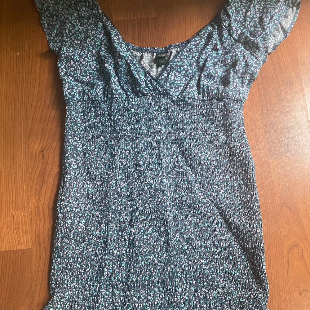 Off the shoulder smocked blue floral ruffle dress